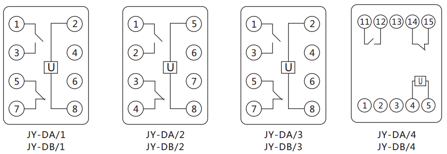 JY-DB/3集成電路直流電壓繼電器內部接線圖及外引接線圖（正視圖）