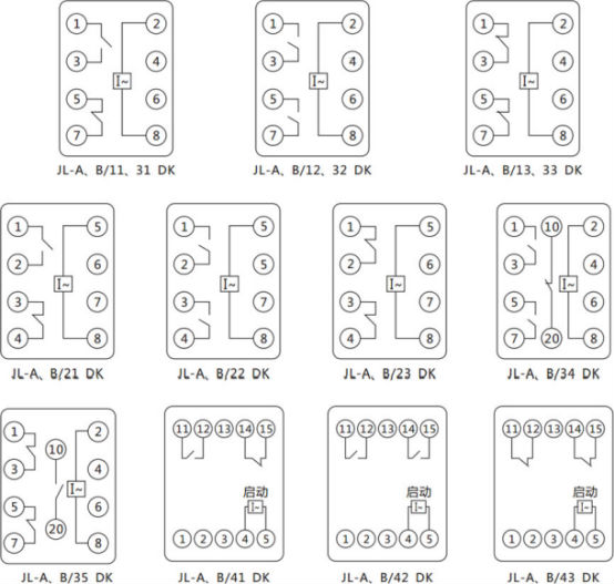 JL-A、B/43 DK無輔源電流繼電器內(nèi)部接線及外引端子圖（正視圖）
