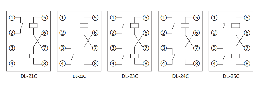 DL-21C系列電流繼電器內部接線及外引接線（正視圖）