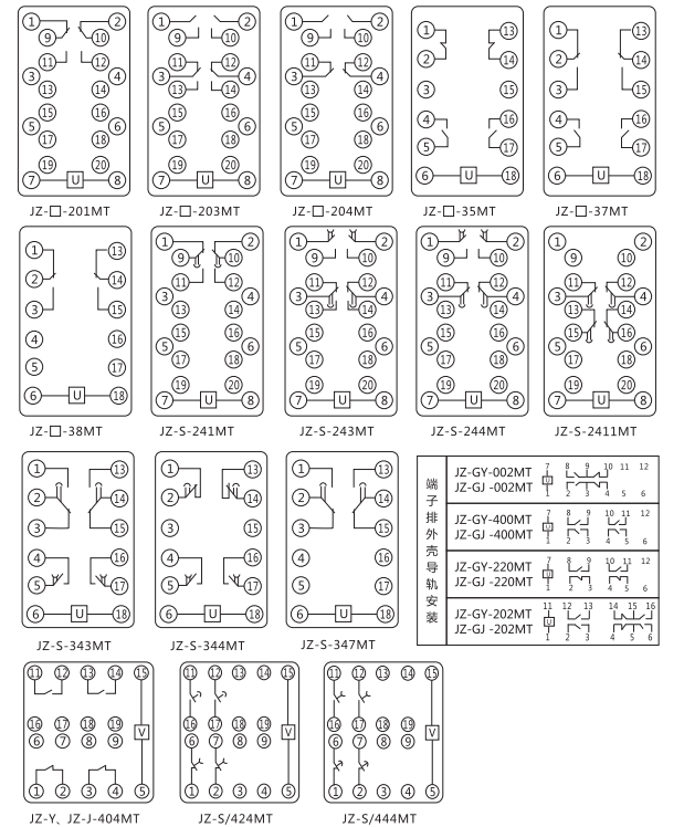 JZ-Y(J)-404MT跳位、合位、電源監(jiān)視中間繼電器內(nèi)部接線圖