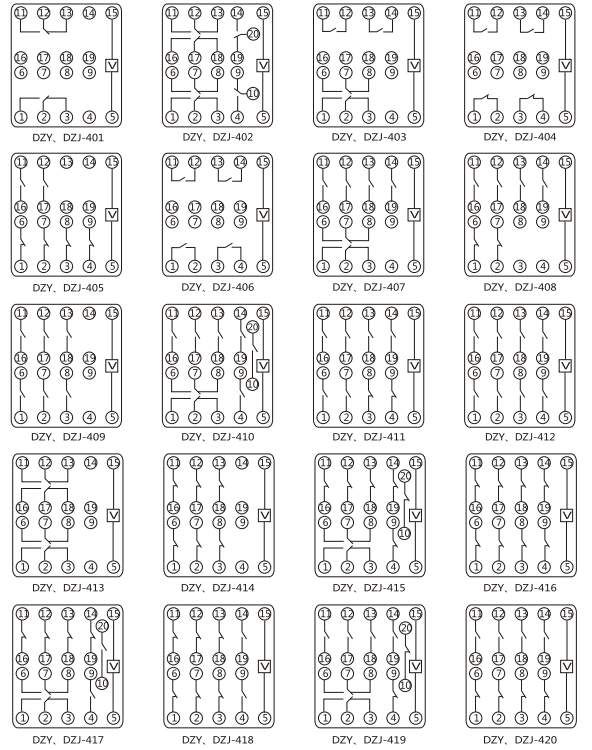 DZY（J)-404導軌式中間繼電器內(nèi)部端子外引接線圖(正視)