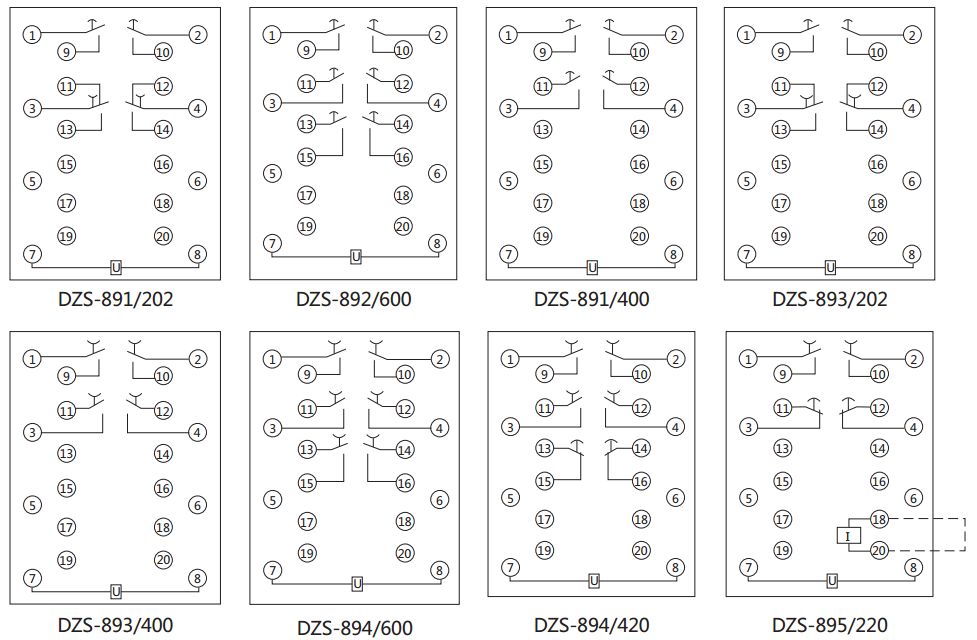 DZS-895延時中間繼電器內部接線圖及外引接線圖（背視）