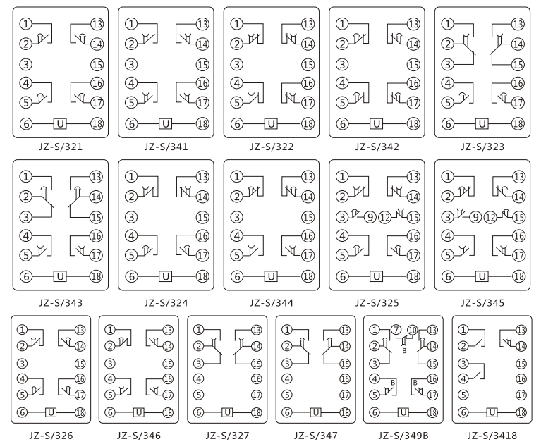 JZ-S/344靜態(tài)可調(diào)延時中間繼電器內(nèi)部接線圖及外引接線圖