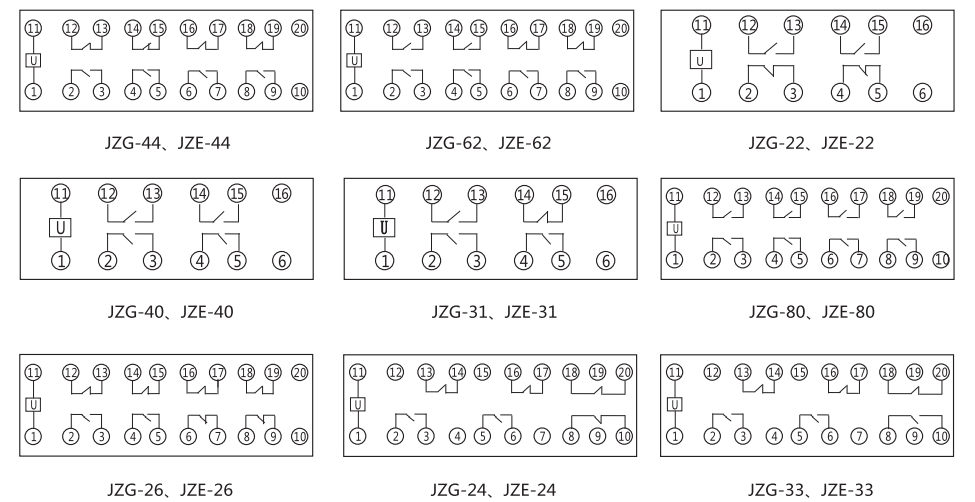 JZG-44卡軌式靜態(tài)中間繼電器內(nèi)部端子外引接線圖